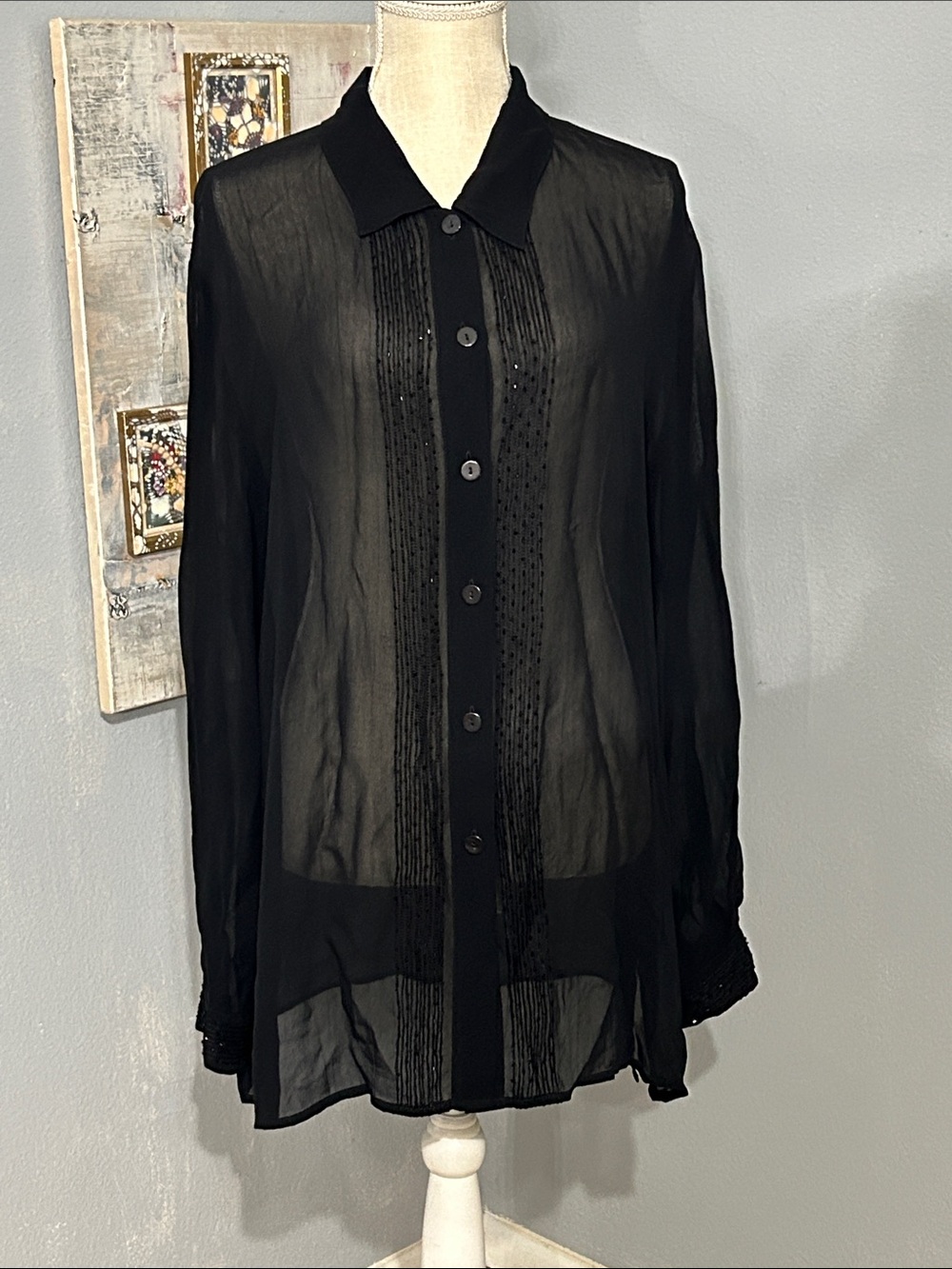 Carole Little Black Sheer Long-Sleeve Button-Up Shirt